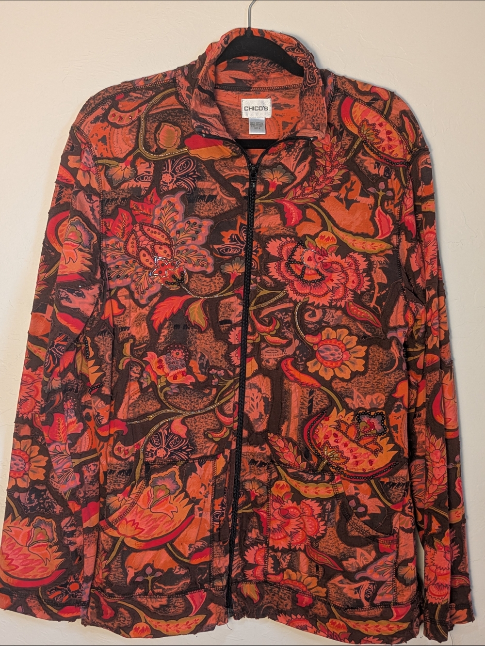 Chico's Vibrant Floral Cotton Zip-Up Jacket Artsy Botanical Patch Print S:2L/12